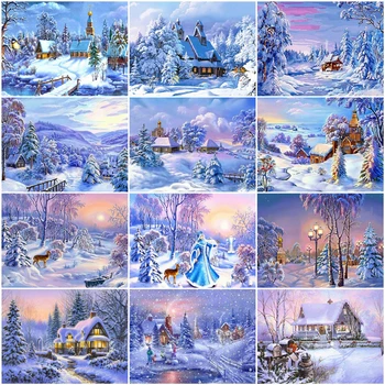 

HUACAN Painting By Number Frame Winter Landscape Drawing On Canvas Picture By Numbers Canvas Snow Kits Modern Wall Art