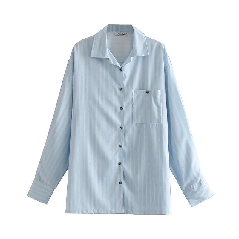 

women fashion turn down collar striped print long shirt office lady pocket business blouses chic autumn femininas tops LS4310
