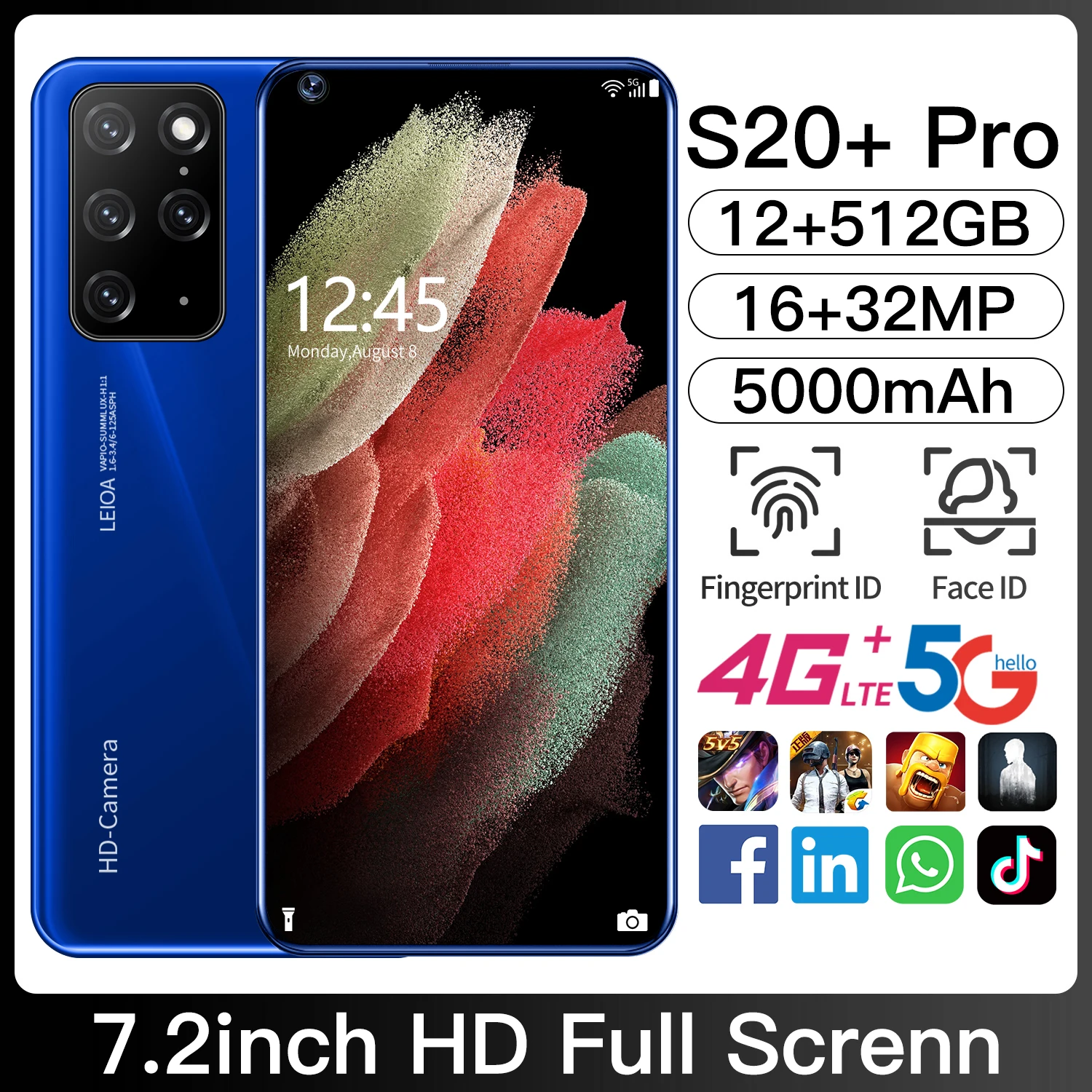 New Hot S20+ Pro Global Version Android 10 Mobilephone 7.2