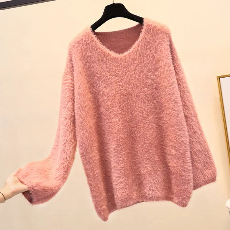 orange pink tops Осень зима искусственный пуловер из норки и кашемира свитер женский свободный v-образный вырез меховые свитера джемпер мягкий теплый вязаный свитер C5995 - Цвет: orange pink tops