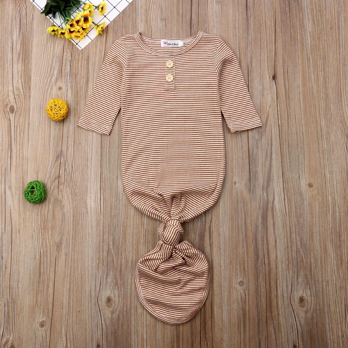 

0-12 Months Newborn Sleepwear Baby Girls Set Long Sleeve Beige Striped One Piece Baby Rompers Baby Clothing Boys Nightwear Robes