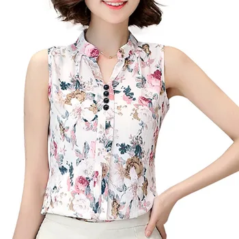 

Women Casual Sleeveless V-Neck Fashion Women Blouse Shirt Chiffon Print Blouses Ladies Blusas M-XXL