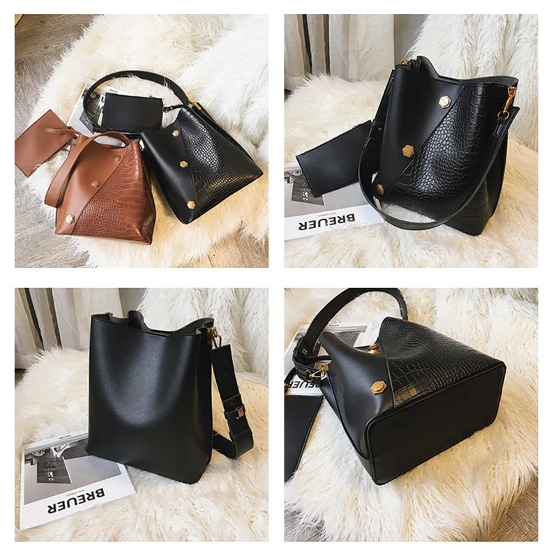 US $22.49 Ansloth Panelled Handbag Women Scrub Shoulder Bag Lady Rivet Crossbody Bag Crocodile Bucket Bag Female Handbag And Purse Hps770