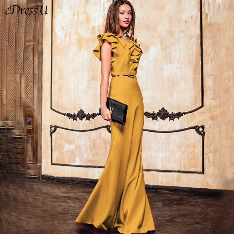 Элегантное вечернее платье, длинное платье макси, платье русалки с оборками, желтое, зеленое, женское осеннее платье, Vestido de Fiesta MC-2870