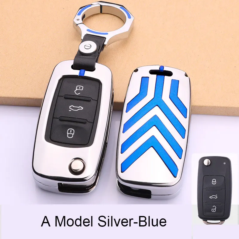 A Model silver-blue Чехол для ключей из цинкового сплава в полоску, защитный чехол для Volkswagen VW Passat B8 Skoda Superb - Название цвета: A Model silver-blue
