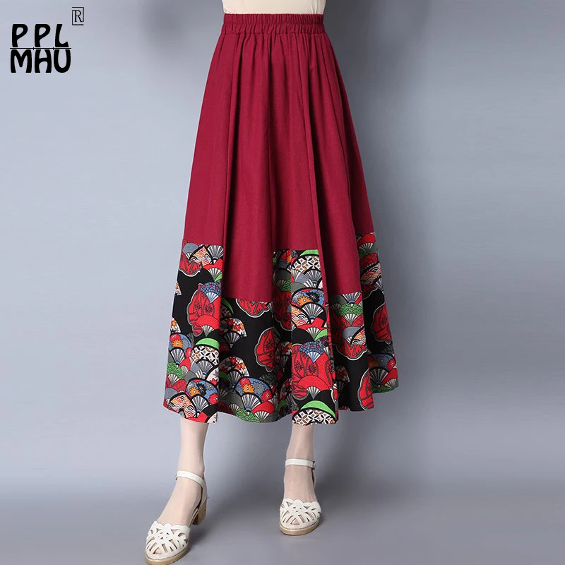 Ретро-юбка размера плюс с высокой талией в этническом стиле, новинка, Юбки миди с цветочным принтом, Модные свободные винтажные юбки для танцев