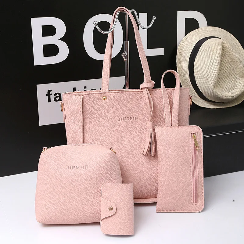 

2018 New Style WOMEN'S Fashion Handbag Solid Color Simple Embossed Leather Tassels Four-piece Set Western Style Shoulder Bag