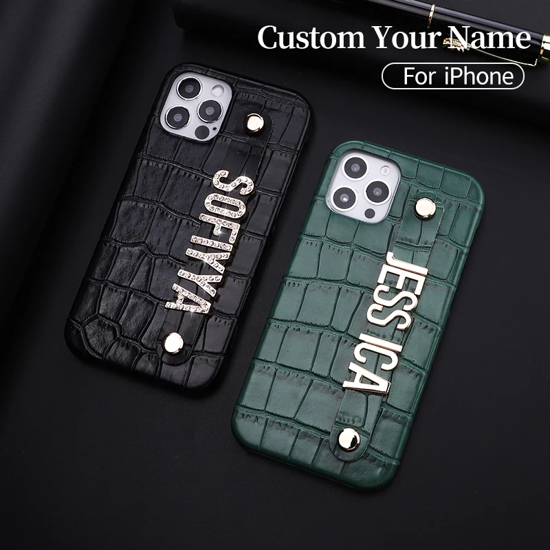 Custom Name Luxury Crocodile Leather Phone Case For iphone 11 12 13 14 15Pro Max 7 8 Plus XS Max Diamond Metal Letters Cover