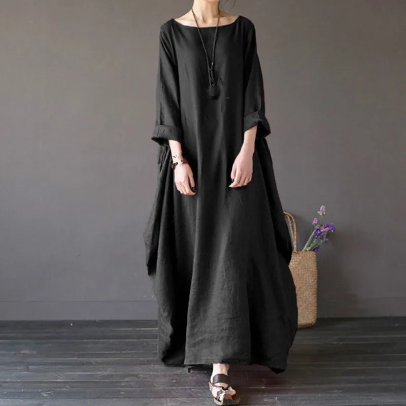 5XL красивое женское Однотонное Платье макси с круглым вырезом, свободное платье размера плюс, летнее Повседневное платье с длинным рукавом из хлопка и льна - Цвет: Черный