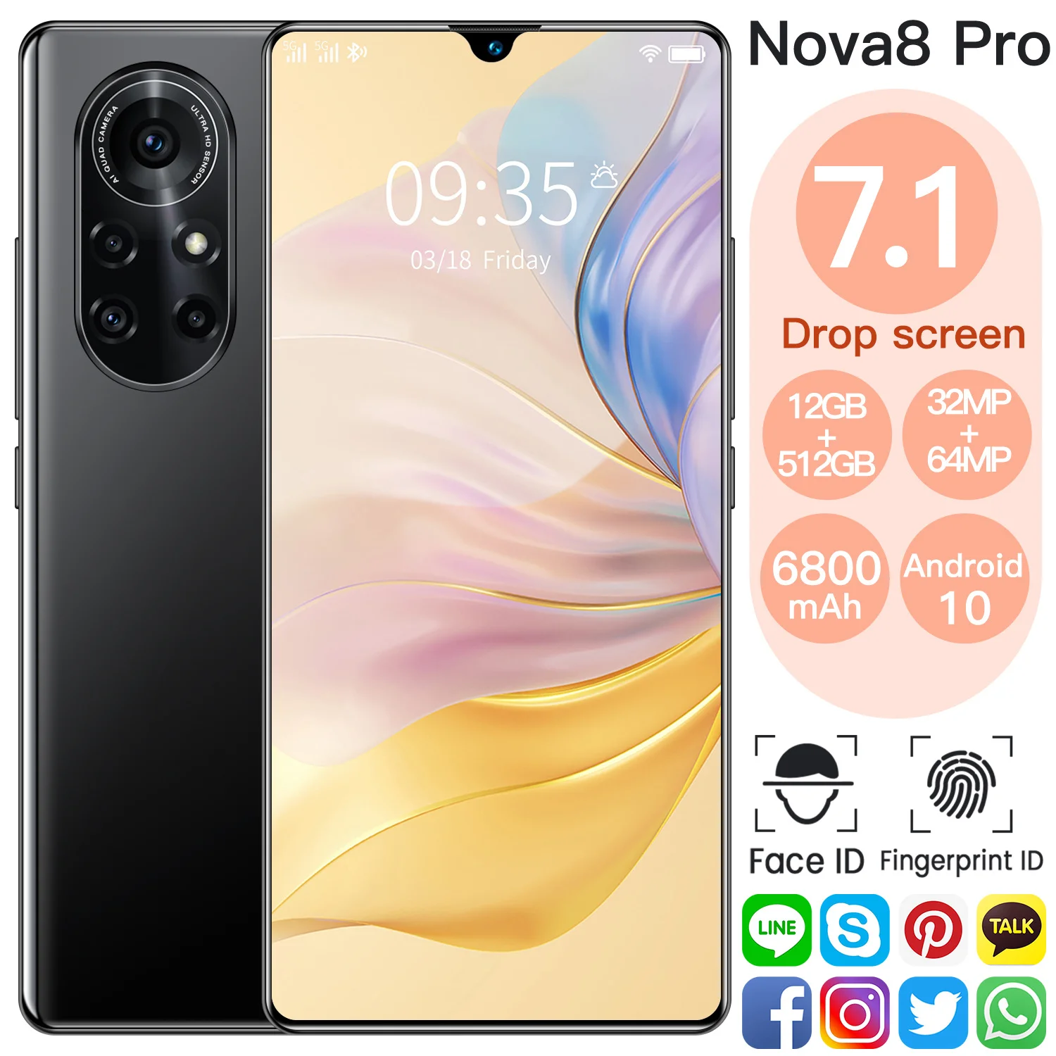 Nova8 Pro Smartphones 7.1inch Global Version Phone Dual Sim12GB 512GB ROM MTK6595 Android10.0 Deca Core Dual SIM Cellphone