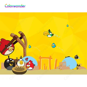 

Cartoon Yellow Backgrounds Ancient Wooden Castle Colorful Birds Flying in the Sky Lost Eggs Kids 1st Birthday Party Backdrops