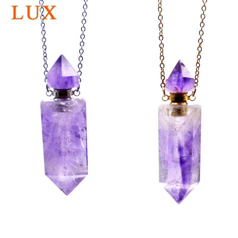 

natural Amethysts Stone Perfume Bottle Pendant Necklace Hexagon prism Essential Oil Diffuser Purple Stone Pendant Chakra Crystal