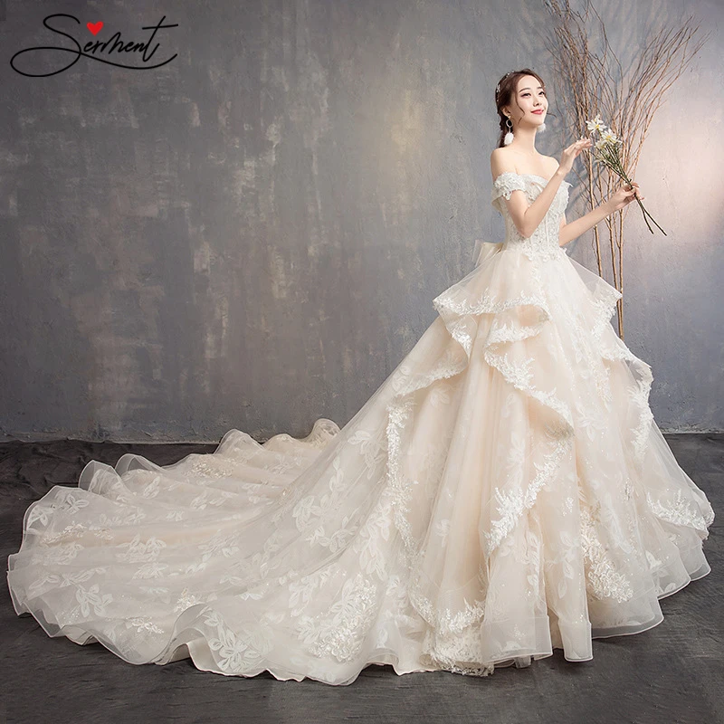 

Luxury Lace Royal Ruched Wedding Dress Off The Shoulder Strapless 100Cm Trailing Suitable for Pregnant Women Church Wedding