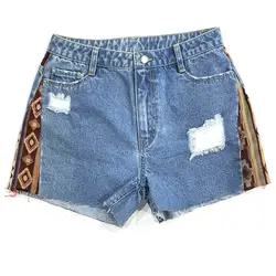 Осенне-зимние женские джинсовые причудливые короткие с необработанной подошвой, расшитые тканью, 100% хлопок, потертые, синие женские шорты