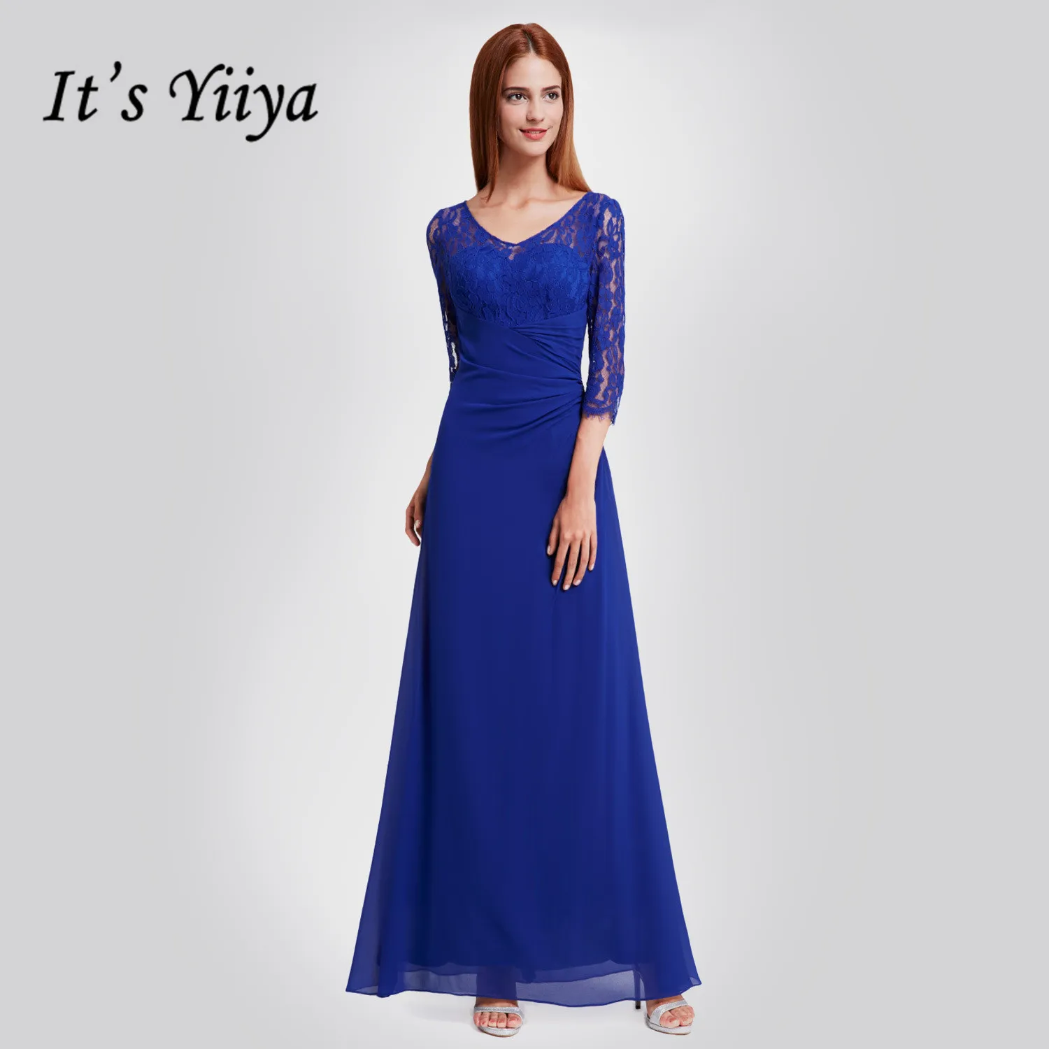 

It's Yiiya Evening Dress Lace Three Quarter Sleeve A-Line Robe De Soiree V-Neck Floor-Length Illusion Dress Woman Party C426