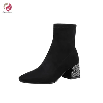 

Original Intention Mature Lady Ankle Boots Black Square Crystal Sequins Heels Square Toe Shoes Woman Concise Sexy High Quality