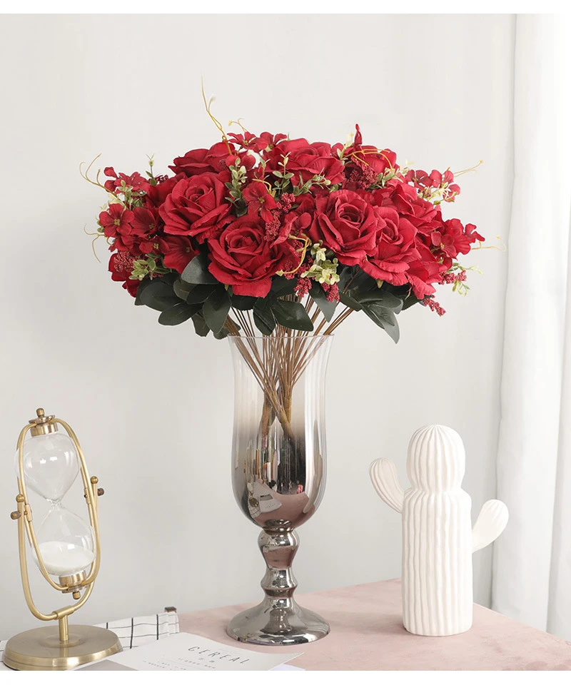 JAROWN 50cm Rose Hydrangea Silk Bouquet Artificial Flowers 13 Heads Bride Wedding DIY Flower Arrangement Home Decoration Fake Flowers Faux (11)