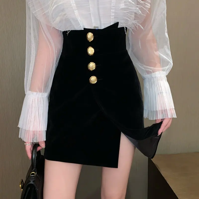 

Metal Buttons Sexy Mini Skirts Women High Waist Split Black Autumn Winter Pencil Skirts Vintage Elegant Casual Bodycorn X685