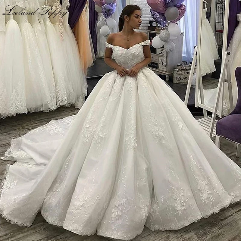 Lceland Poppy Lace Appliques Ball Gown Wedding Dresses Floor Length Off the Shoulder Vestido de novia Bridal Gowns