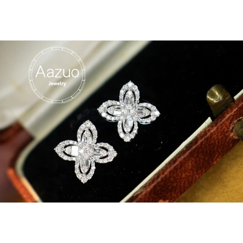 Aazuo Real 18K White Gold Real Diamonds 0.40ct 4 Leaves Flower Stud Earrings Gifted For Women Advanced Wedding Party Au750