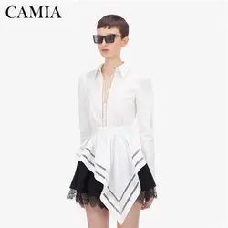 CAMIA Асимметричная белая рубашка с отворотом тонкая талия v-образным вырезом с длинными рукавами Осенняя Новинка 2019