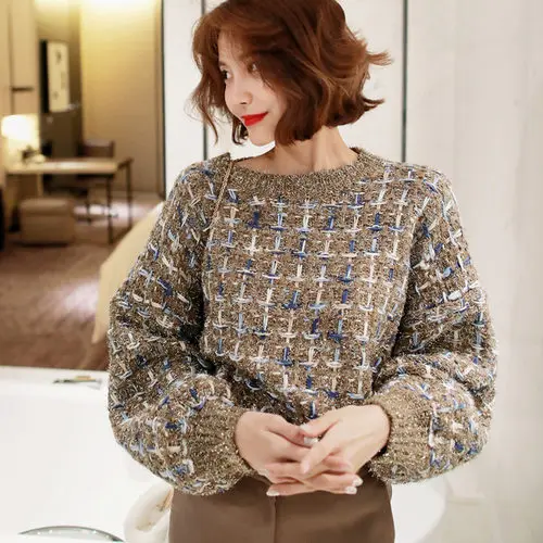 

RUGOD Women Temperamental Khaiki Plaid Sweater 2019 Autumn Winter O Neck Long Sleeve Knitted Pullover Lady Jumper High Quality
