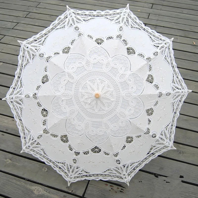 New Sun Umbrella Cotton Embroidery Bridal Umbrella White Ivory Battenburg Lace Parasol Decorative For Wedding