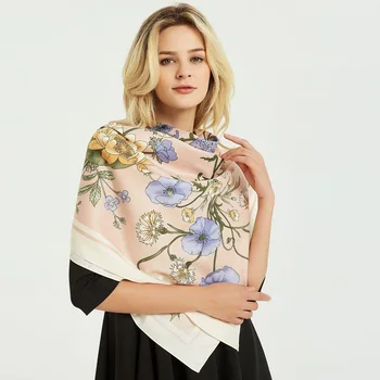 

2019 Luxury Twill Silk Scarf For Women Square Shawl Floral Printed Large Hijab Scarfs 130cm*130cm Neckerchief Scarves For Ladies