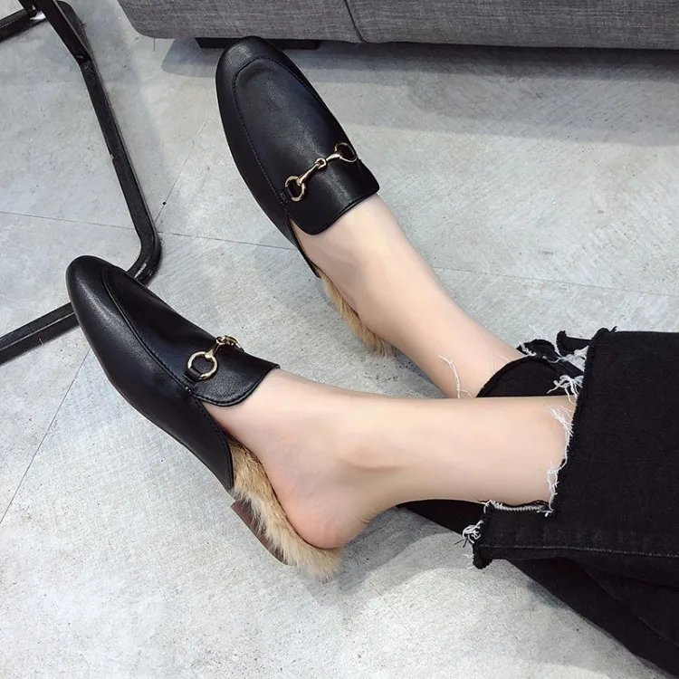 

2019 Korean-style Autumn And Winter New Products plus Velvet Metal Buckle Flat Top Shoes Fluffy Shoes Semi-Trailing Shoes Closed