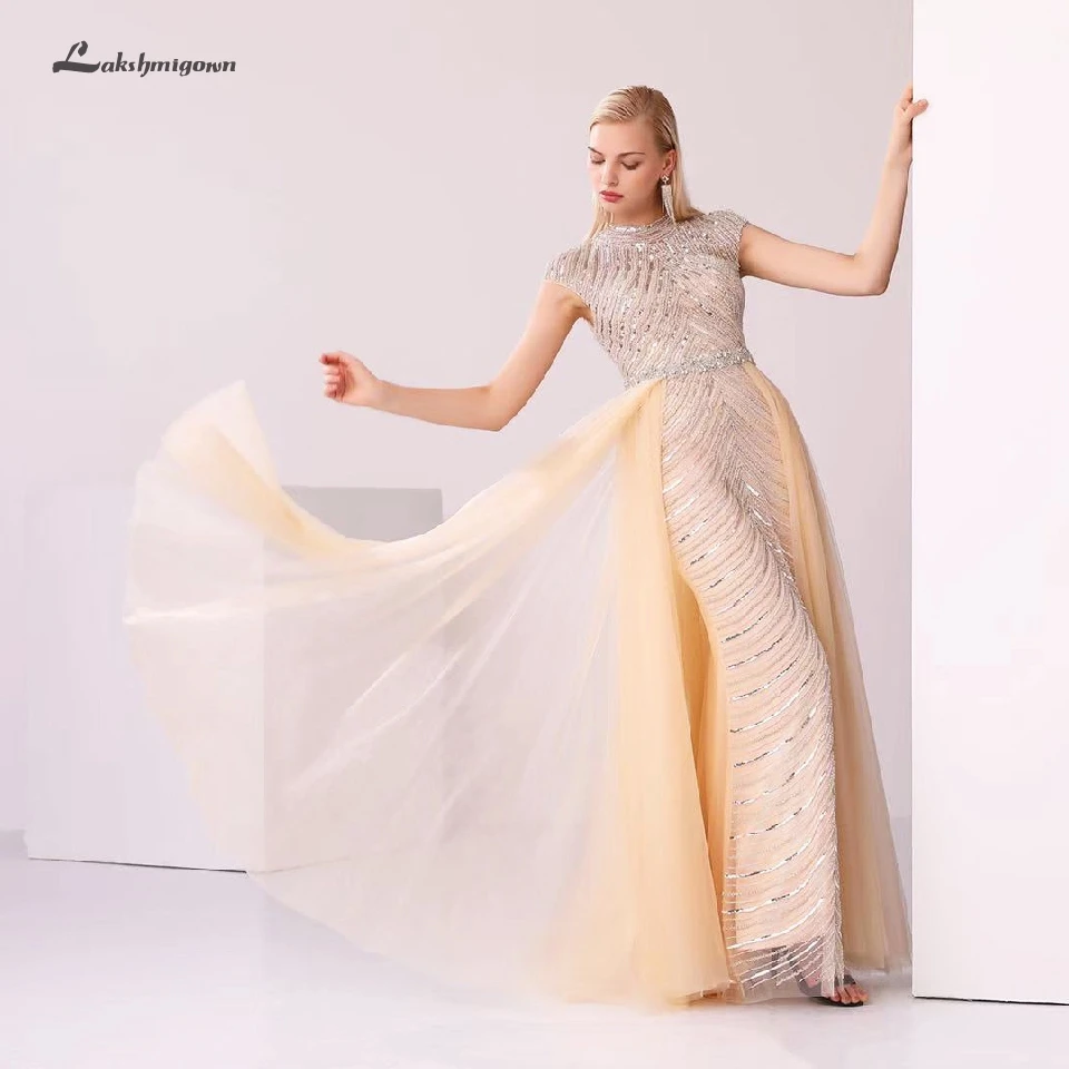 Шампанское Lakshmigown, 2 предмета, Русалка, вечерние, длинное платье, элегантные женские вечерние платья цвета шампань с бусинами, шикарные платья для выпускного вечера, дизайнер - Цвет: Шампанское