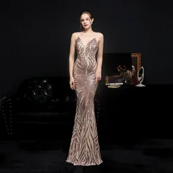 Formal Evening Dresses Long Luxury Sequined Leaf Print Night Party Prom Gowns Spaghetti Strap Maxi Elegant Celebrity Dress Robe