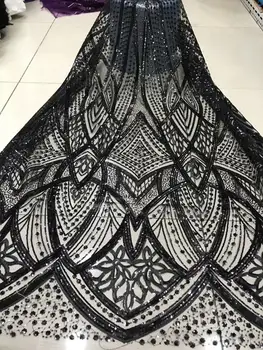 

New 5 yards 2019 New High quality emerald black Velvet African tulle lace French net lace fabric with Sequins for party dress
