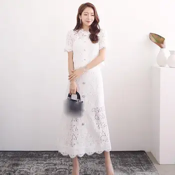

2 Pieces Women Sets Female Elegant Party Set Short Sleeve Single Breasted Shirt And Midi Skirt Suits Lace Office