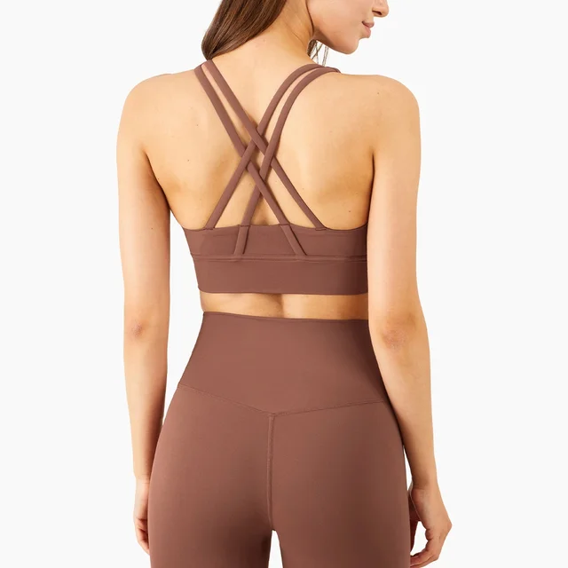 Lulu Hot Sell Gym Yoga Vest Athletic Fitness Women Sports Bra Solid Color Cross Sexy Tights Tank Top Butter Soft With Chest Pad Bronze