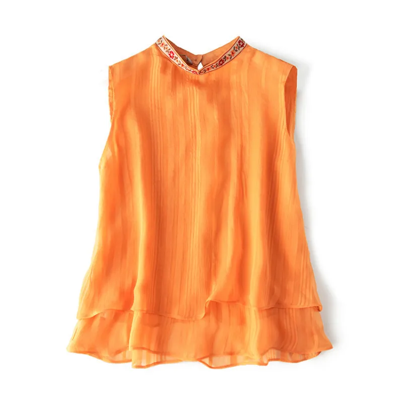 

Real Summer Silk Tops blouse Women Clothes 2020 Casual Vintage Embroidery Mesh Female T-shirt Sleeveless Red Tank LW483
