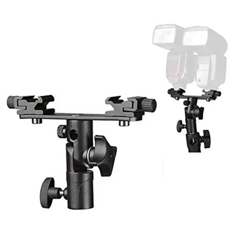Double Hot Shoe Flash Umbrella Holder Light Stand for Photo Video DSLR Camera