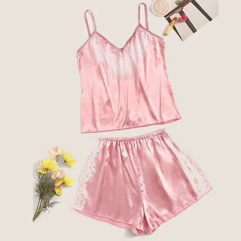 

Sleepwear Summer Home Wear Sleep Wear For Women V-neck Silk Lace Sexy Stain Backless Camisole Pajamas Sleepwear Shorts Set