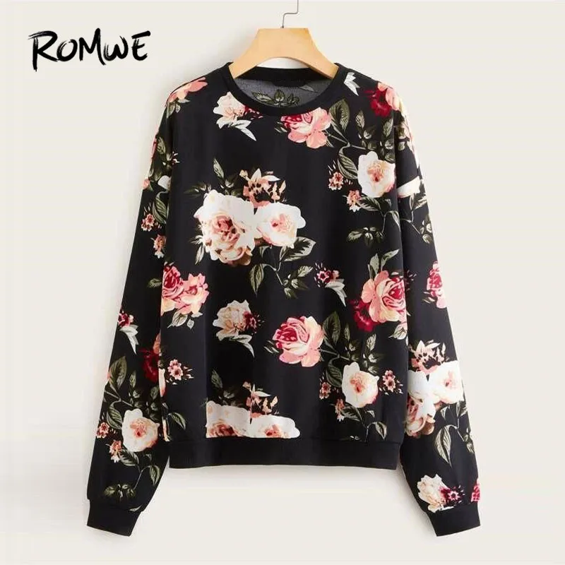  ROMWE Drop Shoulder Floral Print Women Sweatshirt Casual Round Neck Pullover Hoodie Fall 2019 Cloth