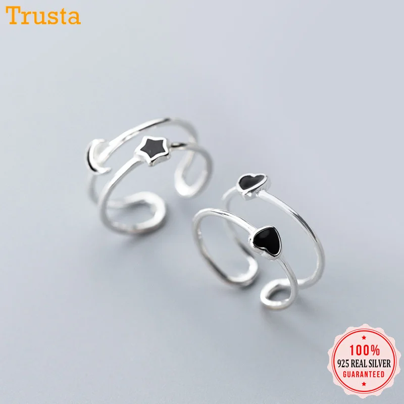 Trustdavis 100% 925 Sterling Silver double layer Black Glaze Heart Star Round Open Finger Ring For Women Jewelry DT01 | Украшения и