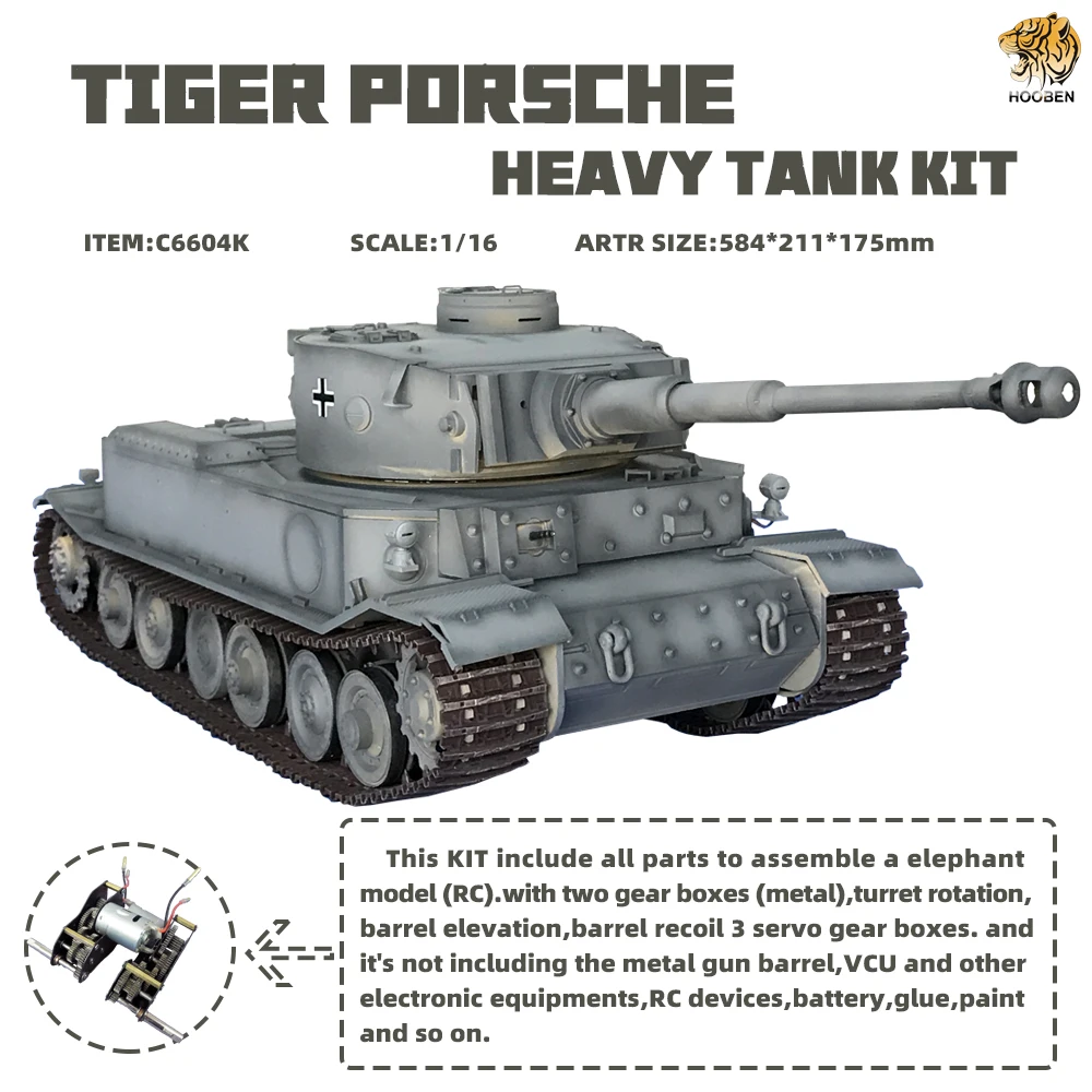 HOOBEN 1/16 rc Танк немецкий TigerP Tiger 2,4G VK 4501 пульт дистанционного управления боевые тяжелые танки с металлической коробкой передач, дым+ звук+ Битва - Цвет: Motorized KIT