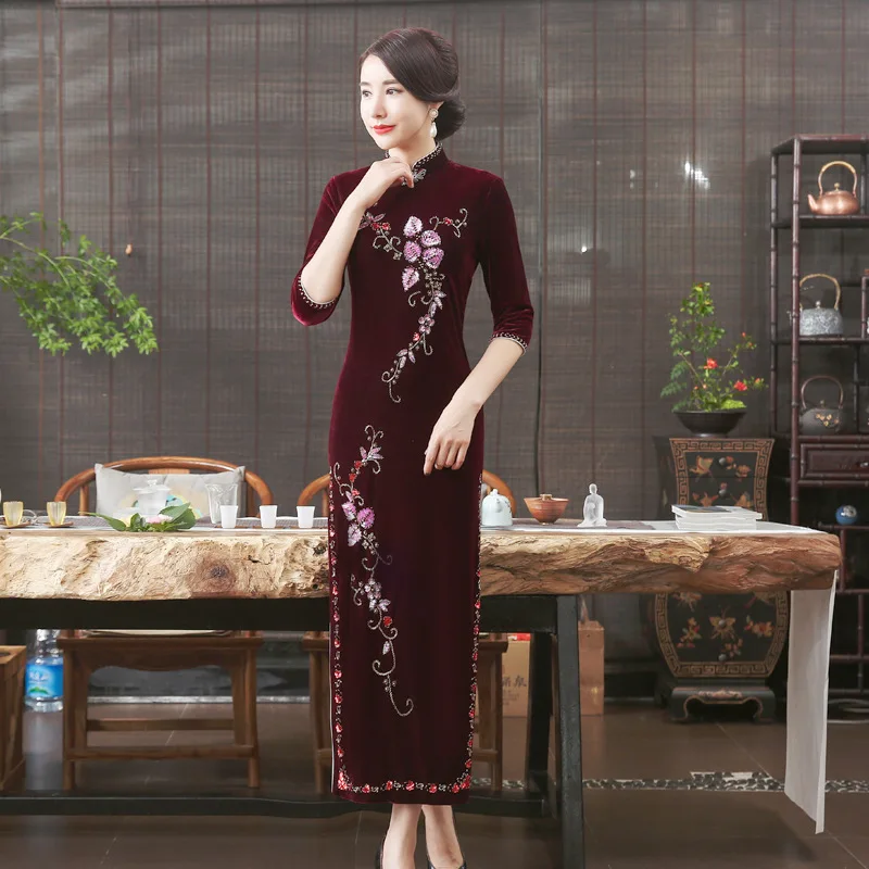 Китайское женское современное платье Qipao, бархатное платье с цветочным принтом, винтажное платье на пуговицах, Сексуальная Вышивка, воротник-стойка, традиционное Ципао