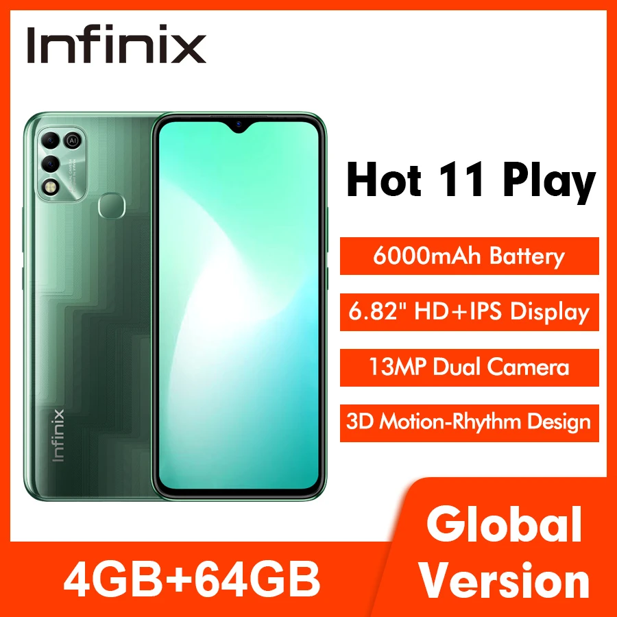 Global Version Infinix Hot 11 Play 6.82'' HD+ Display Smartphone 6000mAh Battery Helio G35 13MP AI Dual Rear Came Android 11