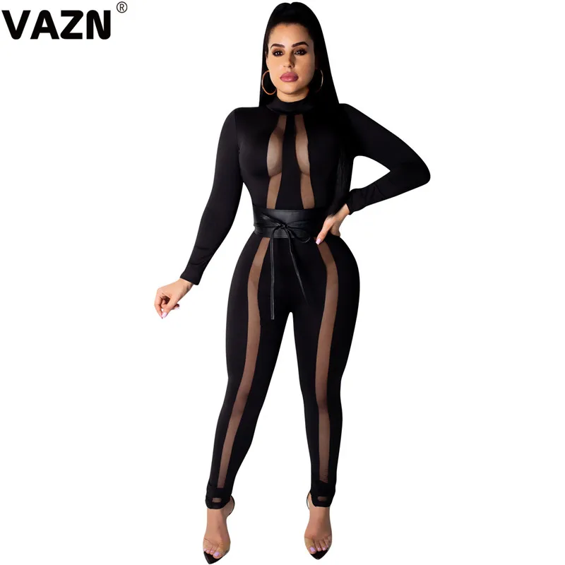 VAZN GYD18070 tos design autumn sexy lady black jumpsuit full sleeve zipper fly skinny jumpsuit springy sexy club jumpsuits