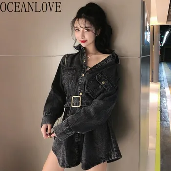 

OCEANLOVE Denim Jacket Women Bandage Solid High Fashion Chaqueta Mujer Spring Autumn 2020 Belt Turn Ropa Mujer Korean 14231