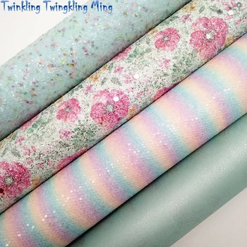 

Mixed Colors Chunky Glitter Leather, Flowers Stripes Printed Synthetic Leather For Bow A4 21x29CM Twinkling Ming KM080