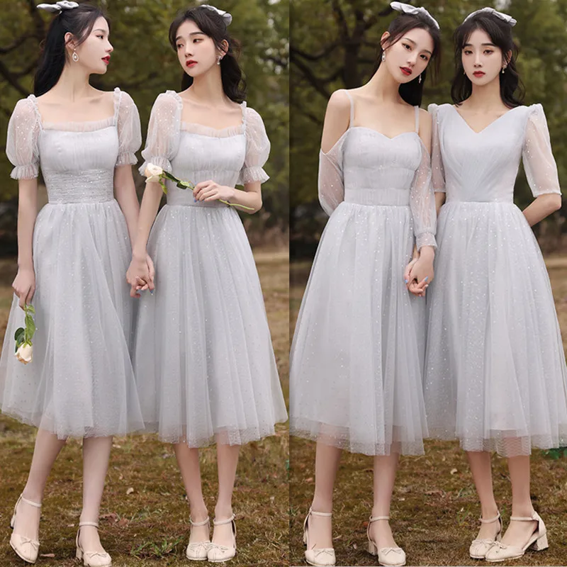

New Grey Bridesmaid Dress Tea Length Sequined Short Sleeves New Spring Summer Fall Wedding Party vestidos de fiesta Robe Femme
