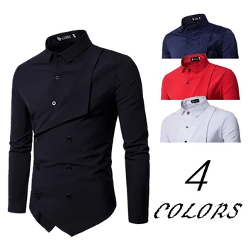 

2019 Spring Men's Brand Shirt Personality Fake Two Irregular Men's Casual Slim British Long Sleeve Dress Shirt Camisa Masculina