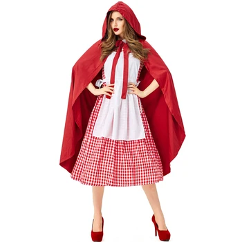 

Halloween Cosplay Costumes Red Riding Hat Cloak Dress Plaid Skirt Disfraz Party Role Play for Female Woman