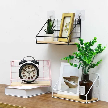 

Wooden Iron Wall Shelf Wall-Mounted Table Storage Rack Organization Wall Decoration Holder For Home Decor Kitchen Bedroom