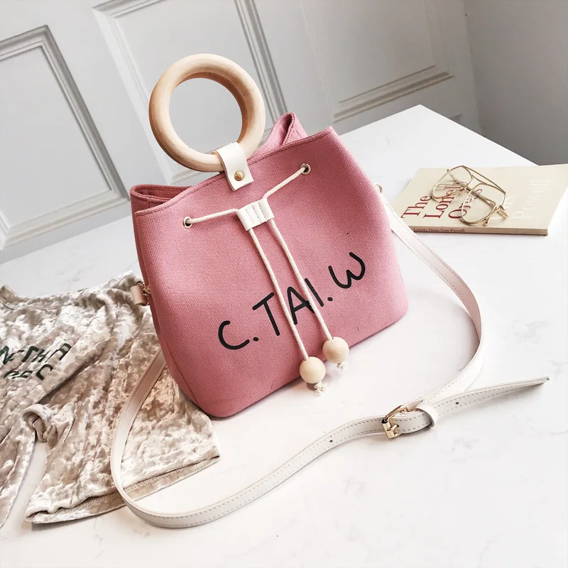 

2018 New Style Fashion Korean-style Wooden Bead Pull-belt Pu Bucket Bag Shoulder Diagonal WOMEN'S Bag